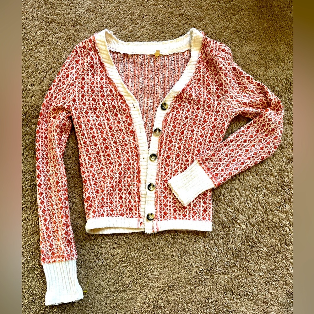 Gilded Intent Burnt Orange and White Button Up Cardigan